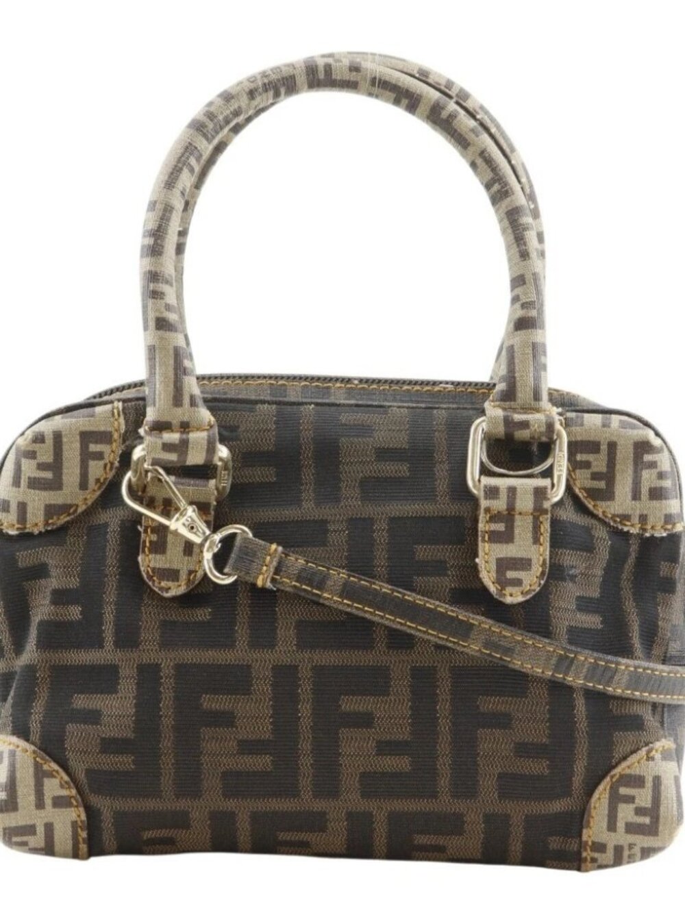 FENDI Mini Boston 2-Way Shoulder Bag Handbag Zucca Brown Nylon canvas/PVC ...